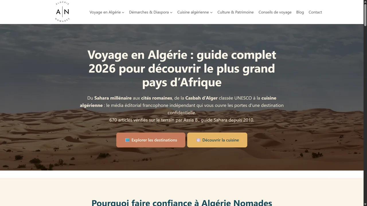 Capture d'écran du site algerienomades.com, média voyage · 670 articles, réalisé par Nexiagence