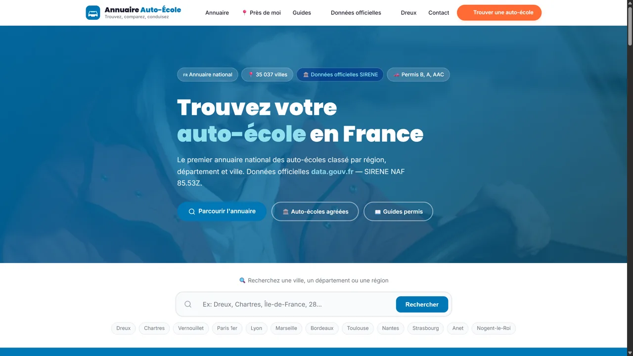 Capture d'écran du site auto-ecole-dreux.fr, annuaire national · 35 000 villes, réalisé par Nexiagence