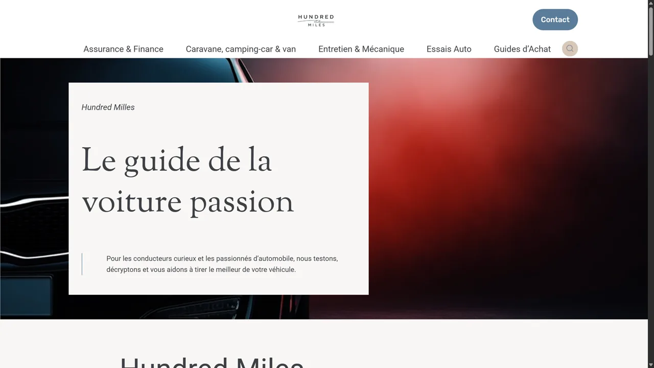 Capture d'écran du site hundredmiles.fr, média auto · essais et guides mécaniques, réalisé par Nexiagence