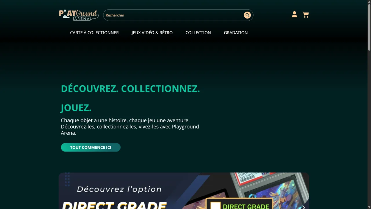 Capture d'écran du site playgroundarena.com, e-commerce · cartes à collectionner et grading psa, réalisé par Nexiagence