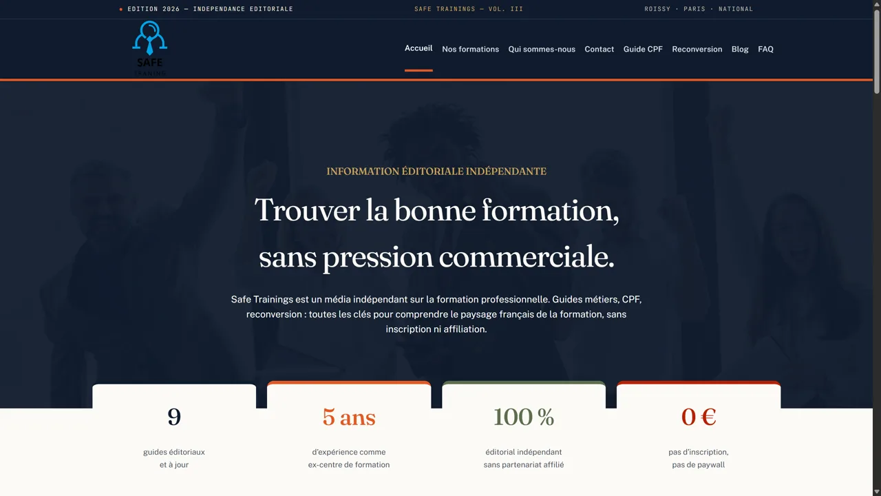 Capture d'écran du site safetrainings.fr, média formation · cpf et reconversion, réalisé par Nexiagence