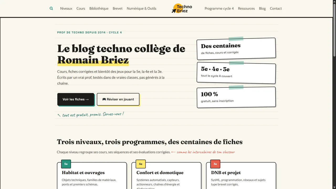 Capture d'écran du site technobriez.fr, blog pédagogique · cours de technologie collège, réalisé par Nexiagence